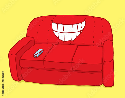 Red couch showing teeth with ironic grin