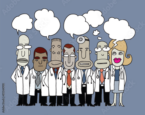 Team of  Doctors stand and talk in speech bubbles photo