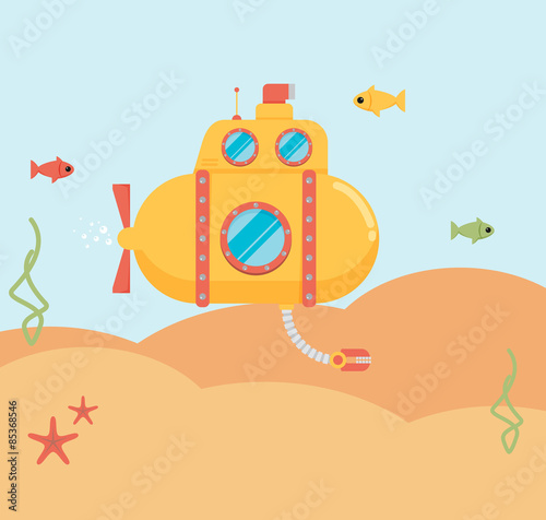 Submarine under water concept vector flat illustration