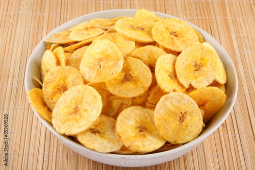 Banana chips from Kerala cuisine fried in coconut oil.
