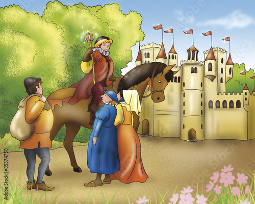 A digital illustration for Grimm's fairy tale Rumpelstiltskin. The prince on his horse is talking with some fellows near his castle. A medieval scene.