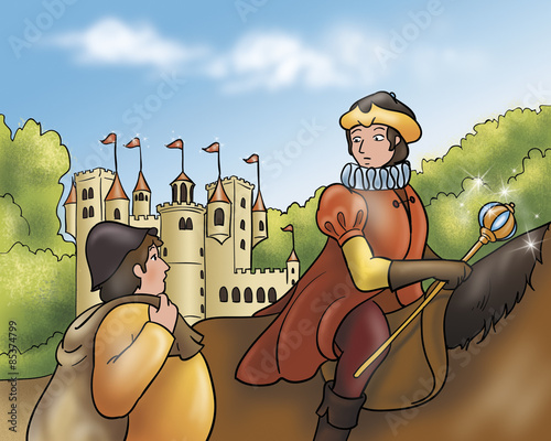 A digital illustration for Grimms fairy tale Rumpelstiltskin. The prince on his horse is talking with a miller near an ancient castle. An european medieval scene. photo