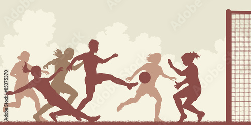 EPS8 editable vector cutout illustration of action in a ladies football match with all figures as separate objects