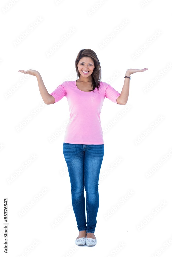 Pretty brunette showing something with her hands Pretty brunette showing something with her hands