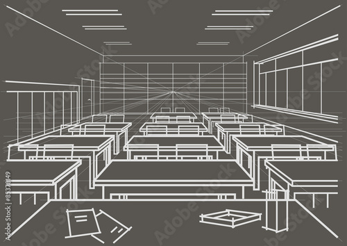 linear architectural sketch interior classroom on gray background