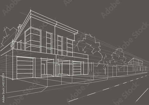 Linear architectural sketch blocked houses on gray background