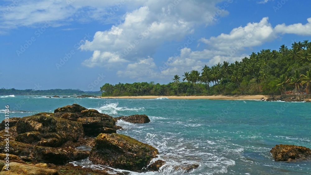 beautiful landscape with sea waves on tropical beach and coconut palms 4k

