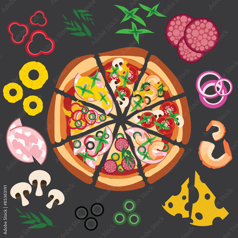 Vector pizza with ingredients lying around, illustration