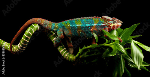 blue bar panther chameleon on a bamboo cane isolated black background
