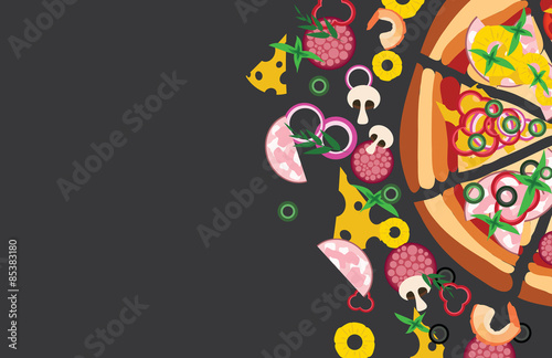 Vector pizza with ingredients lying around, illustration