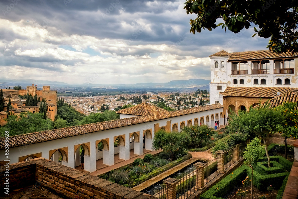 View of Alhambra and  Granada from the palace of Generalife