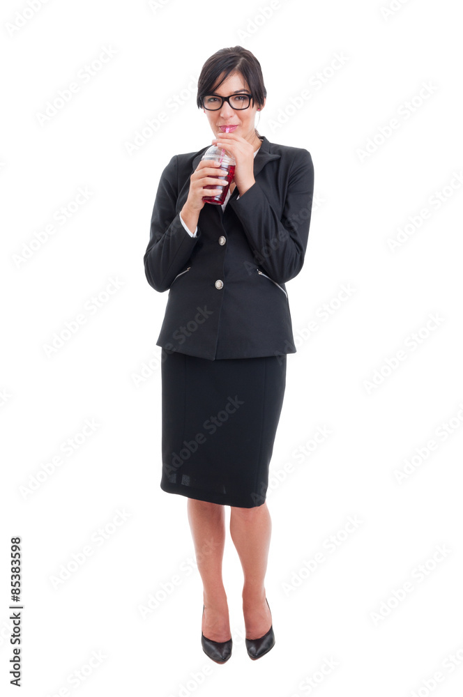 Full body of business woman drinking healthy juice Full body of business woman drinking healthy juice