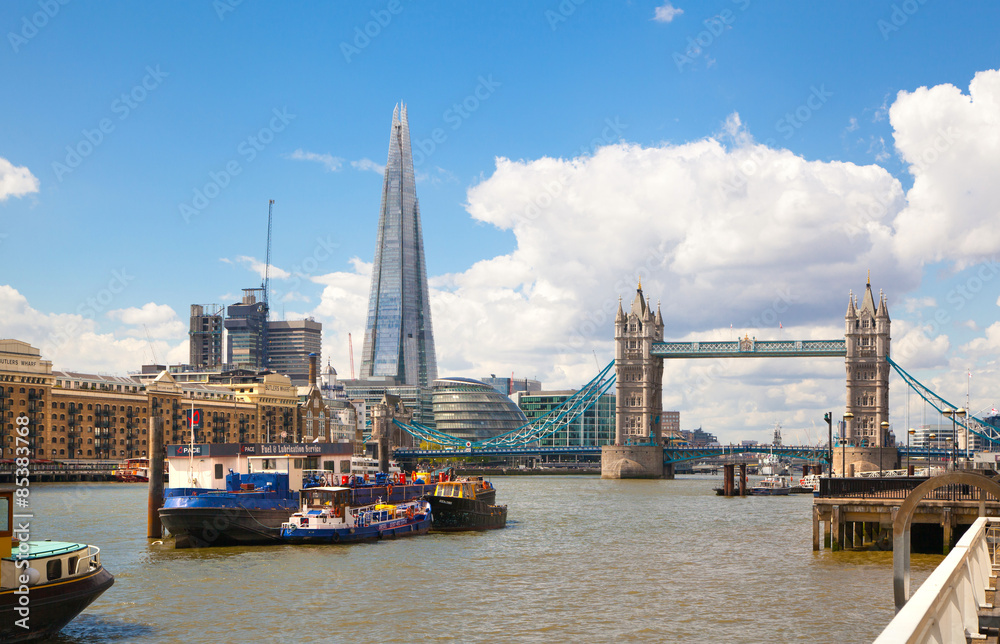 LONDON, UK - APRIL 30, 2015: Shard and Tower bridge, River Thames