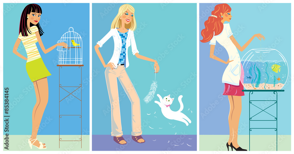 Set Illustration: Girls and with pets. Set Illustration: Girls and with pets.