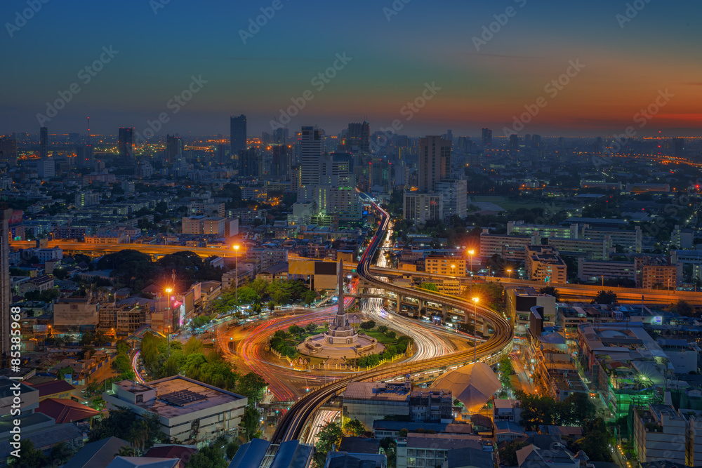 Bangkok city night view with main traffic high way
