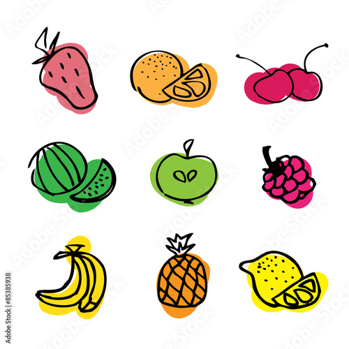 set of fresh fruits hand-drawn
