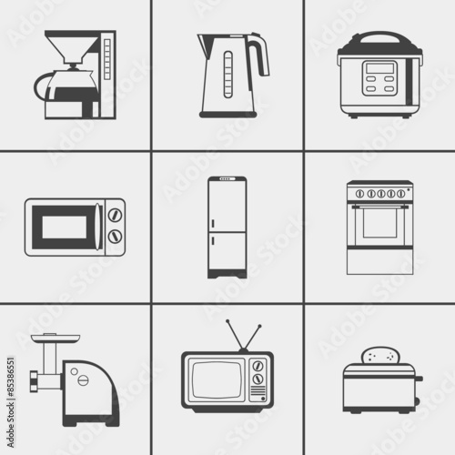 Set of household appliances icons. Coffee maker, kettle, multicooker, microwave oven, refrigerator, stove, meat grinder, television, toaster.