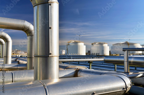 chemical industry, storage tank with pipes in oil refinery