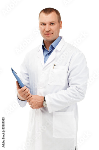 Portrait of a young male doctor in a white coat