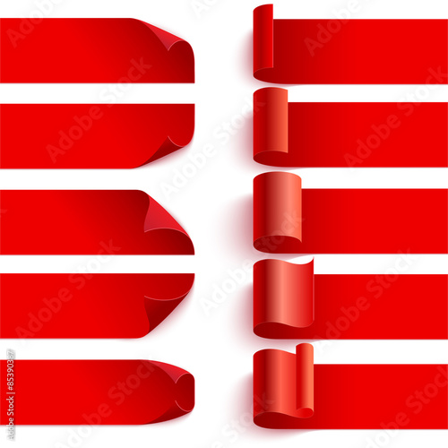 Set of curled red ribbons with shadows on white backgroun