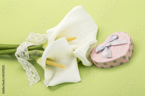 white flowers and gift on green