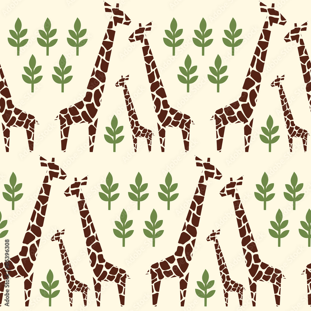 Giraffes family seamless pattern. Safari animal background. Retro style  colors illustration savannah. Jungle animals with tropical plants print. Happy  family concept - father, mother, baby. Stock Vector | Adobe Stock