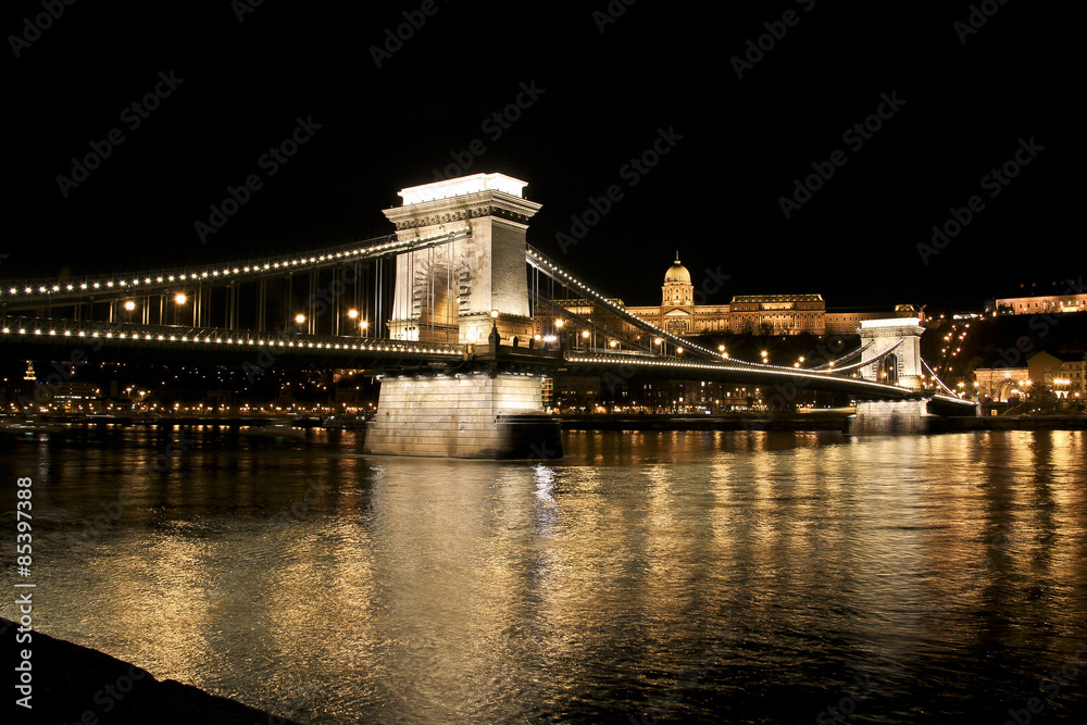 Chain bridge at night in Budapest, Hungary. Chain bridge at night in Budapest, Hungary.
