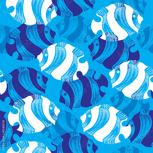 Seamless pattern with dotted fish in white and in blue