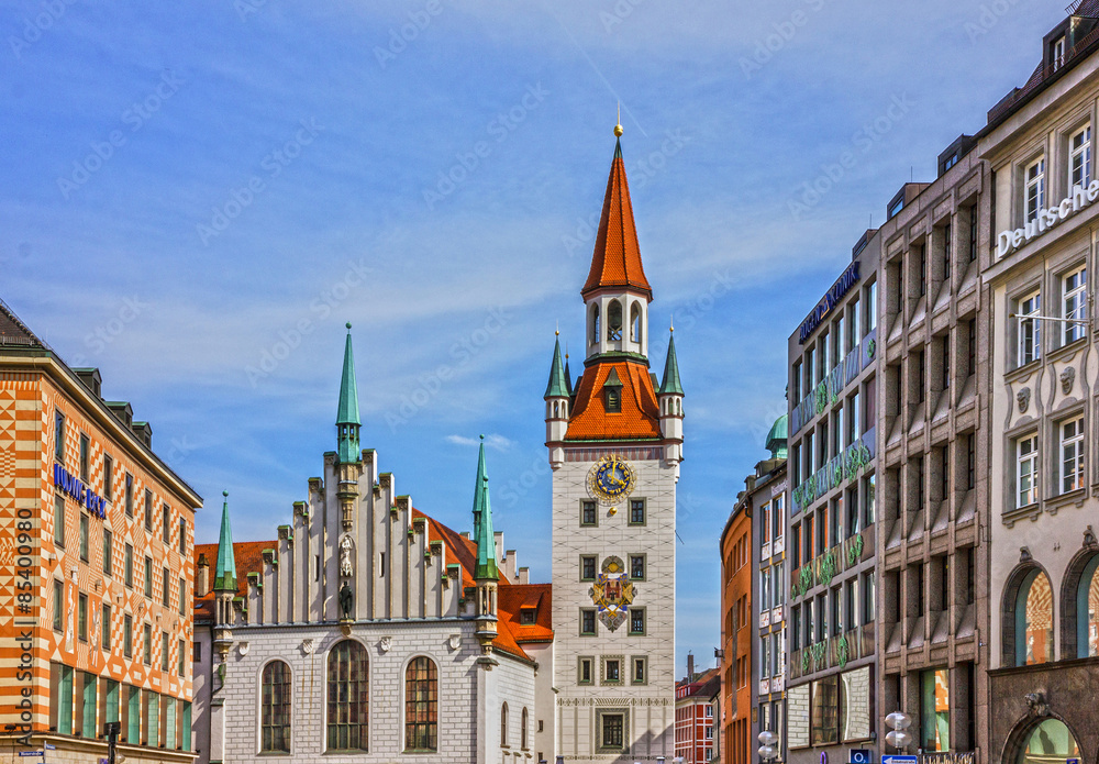 town tower and church, Marienplatz, Munich, Germany
