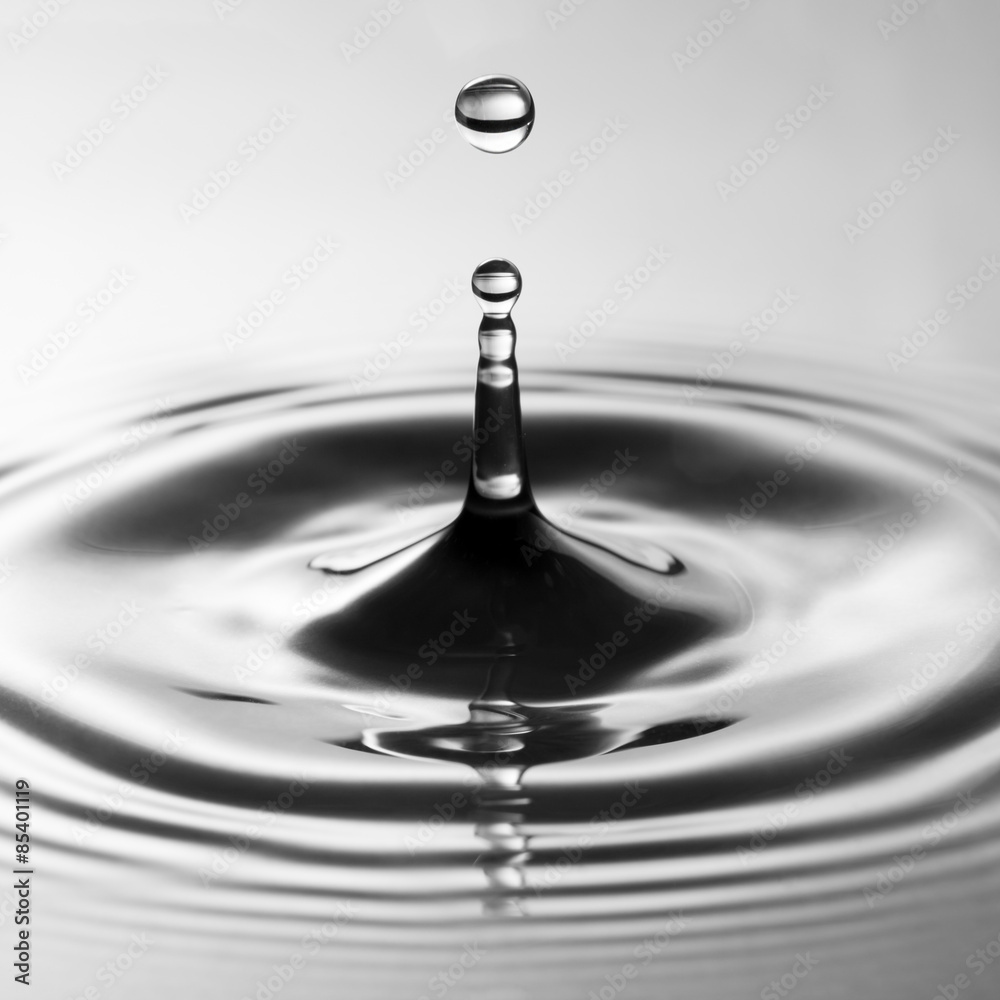 Water drop falling into water making a perfect droplet splash