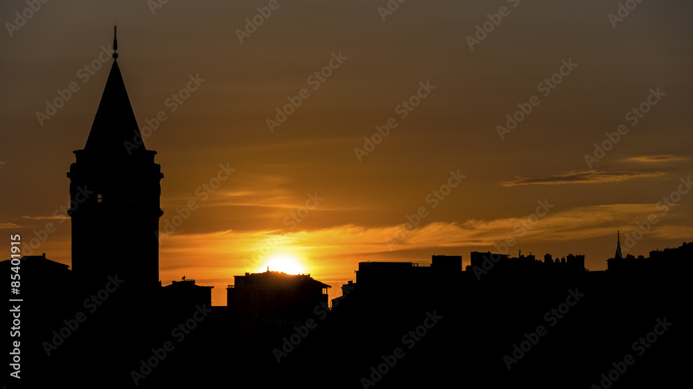 Silhouette of the Galata Tower in Istanbul at sunset