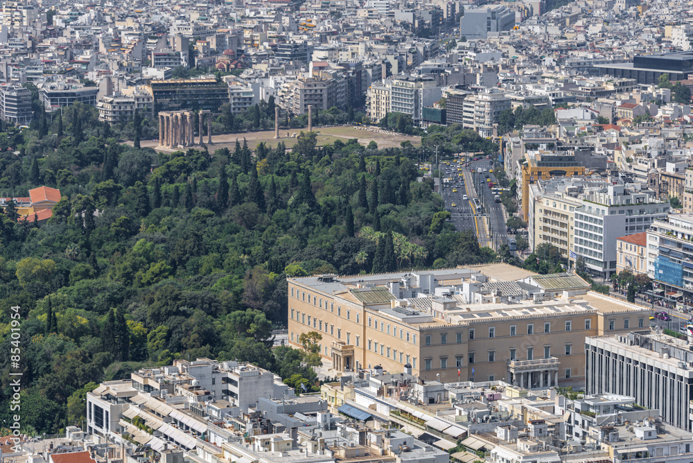 Looking down on the Greek Parliament building in Syntagma Square from the top of Mount Lycabetus