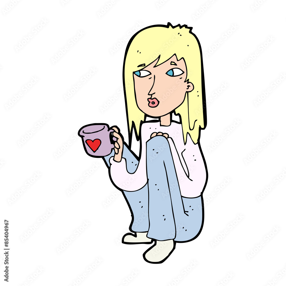 cartoon woman sitting with cup of coffee