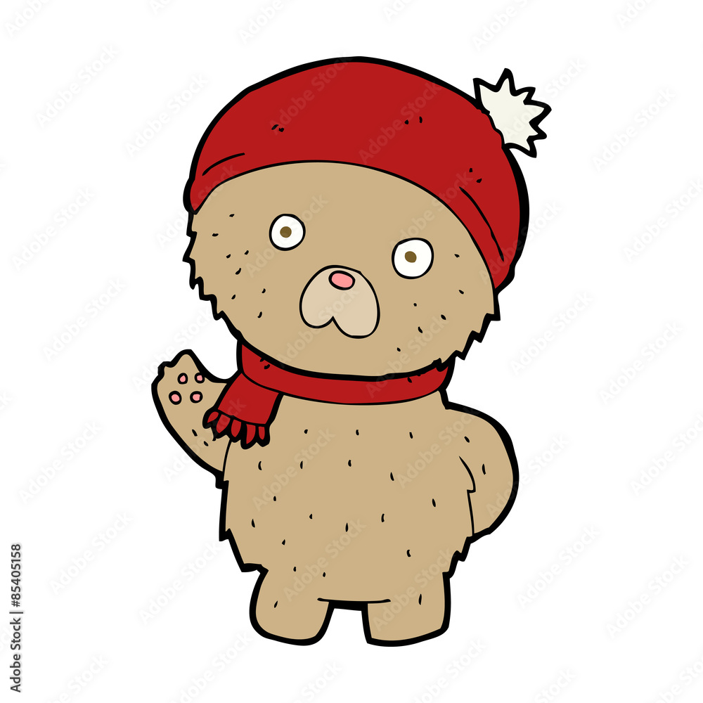 Fototapeta premium cartoon teddy bear in winter hat and scarf