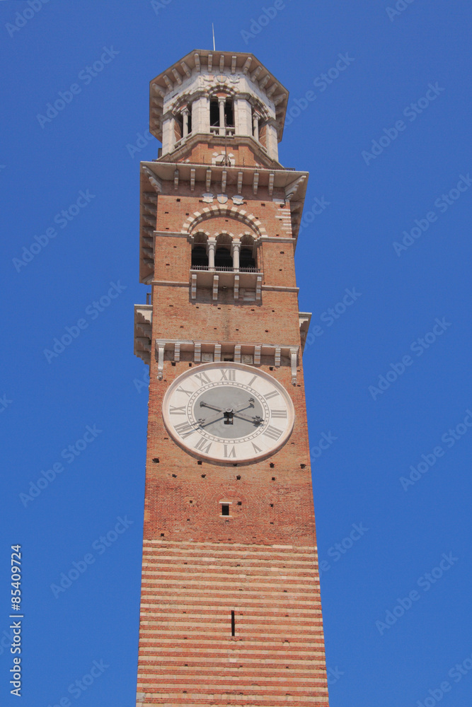 Tower with hours, Lamberti tower on Erbe Square. Verona, Italy