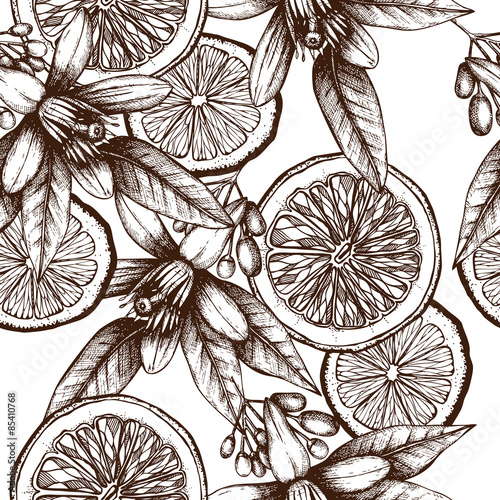 Citrus seamless pattern with orange fruits and flowers. Vector background