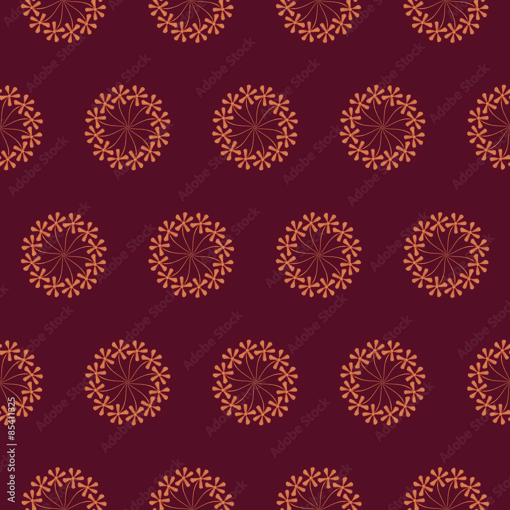 Print Seamless Pattern. Mandala Flowers with cherry background.