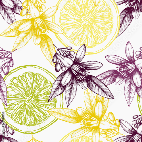 Citrus seamless pattern with orange fruits and flowers. Vector background