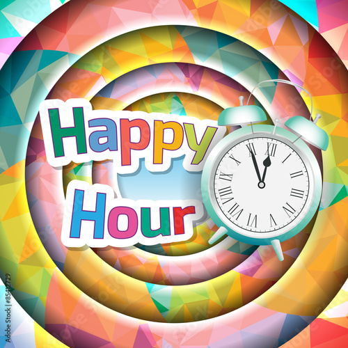 Badge with the word happy hour and clock