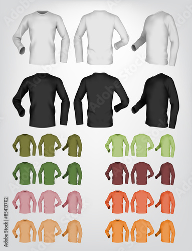 Long sleeve blank t-shirt template. Front, rear and side view.