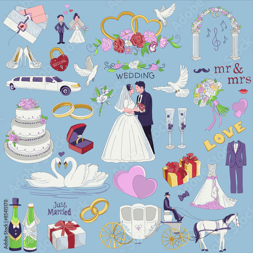 Hand drawn collection of decorative wedding design elements