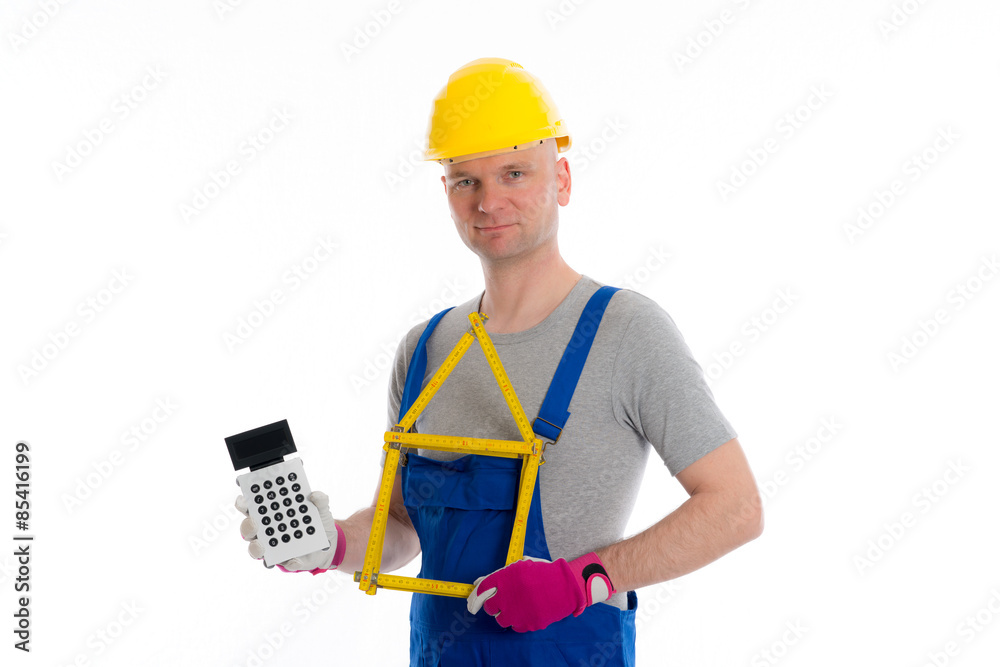 friendly worker with yardstick and piggy bank