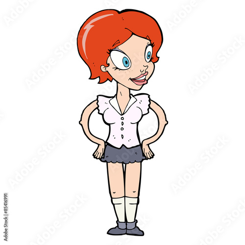 cartoon happy woman in short skirt