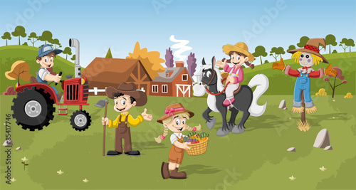 Group of cartoon farmers working