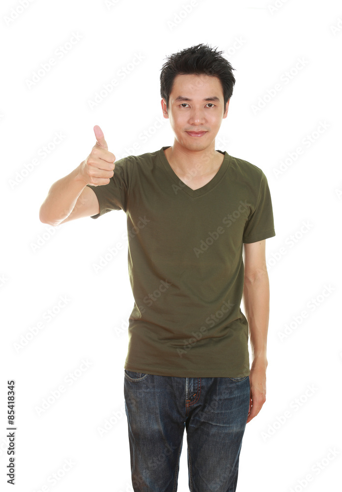 man in blank t-shirt with thumbs up man in blank t-shirt with thumbs up