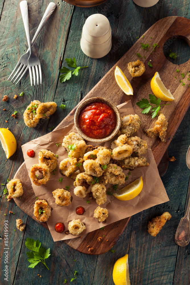 Fototapeta premium Homemade Breaded Fried Calamari