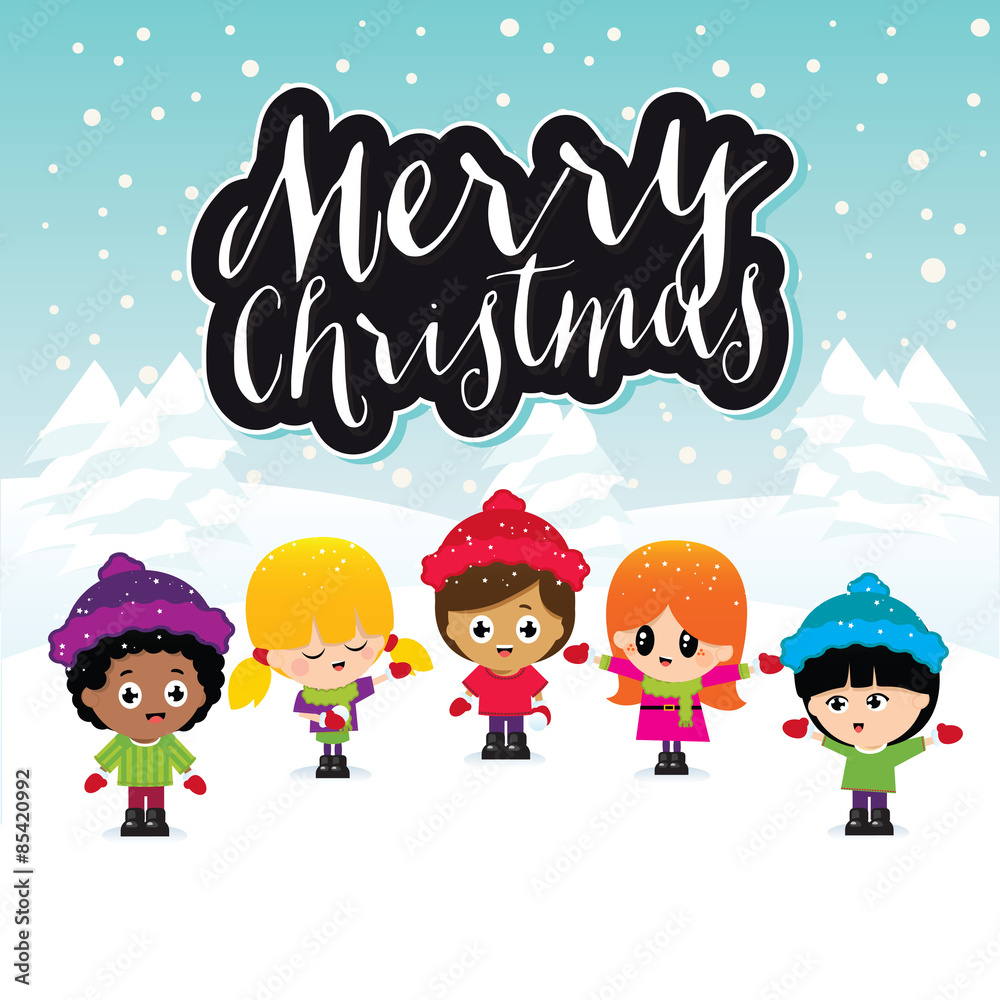 Fototapeta premium Christmas Children on Turquoise Background