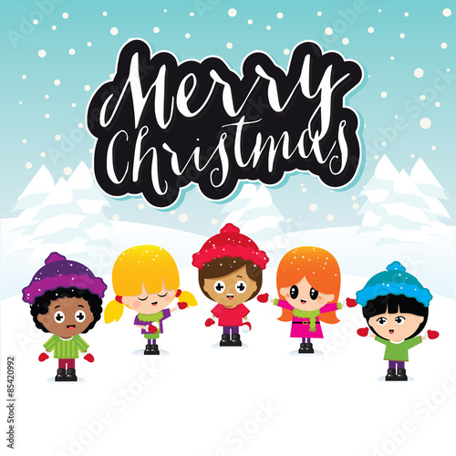 Christmas Children on Turquoise Background