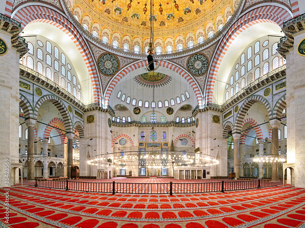 Interior of Suleymaniye Mosque in Istanbul, Turkey