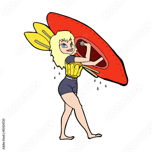 cartoon woman carrying canoe